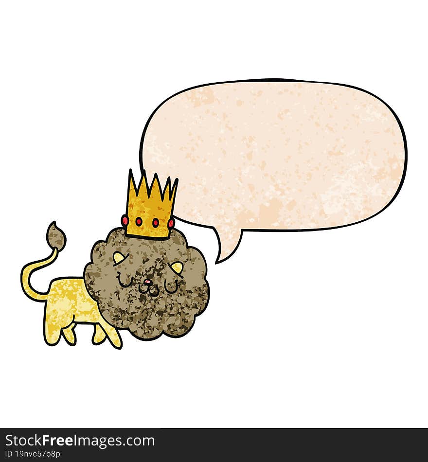 Cartoon Lion And Crown And Speech Bubble In Retro Texture Style