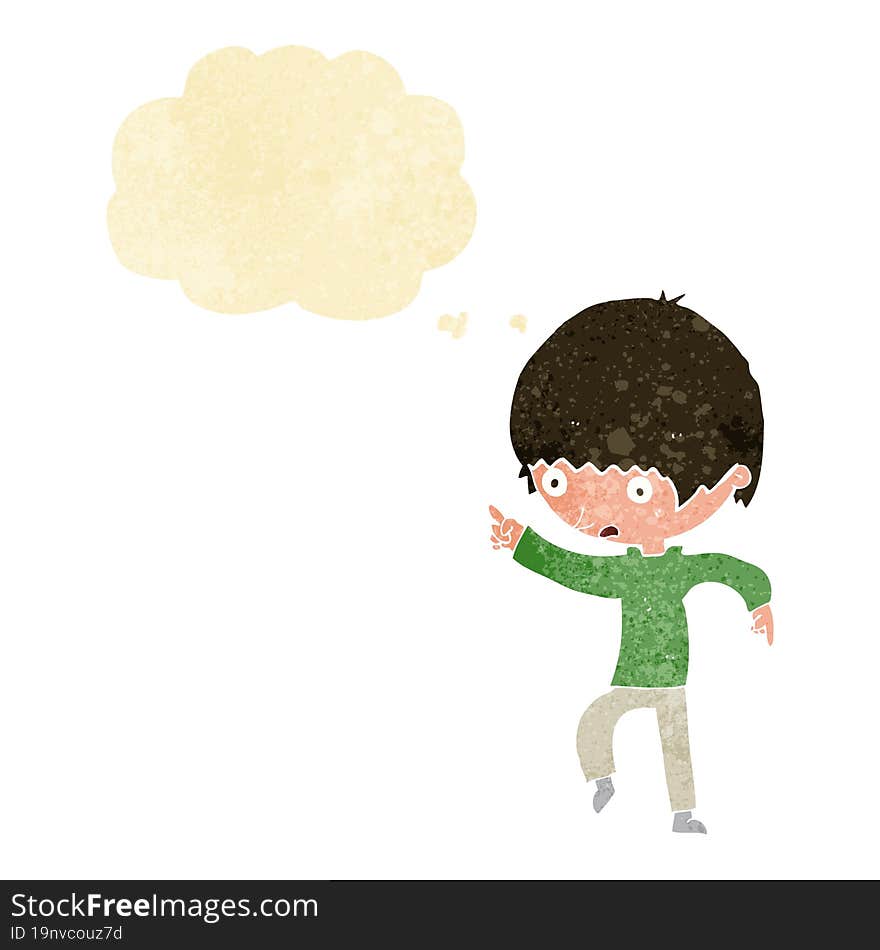 cartoon worried boy pointing with thought bubble