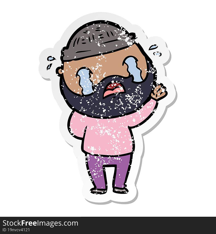 Distressed Sticker Of A Cartoon Bearded Man Crying