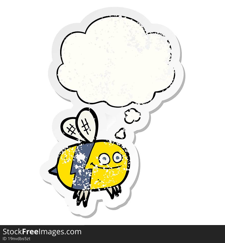 cartoon bee with thought bubble as a distressed worn sticker