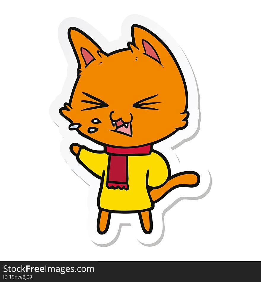 Sticker Of A Cartoon Cat Hissing