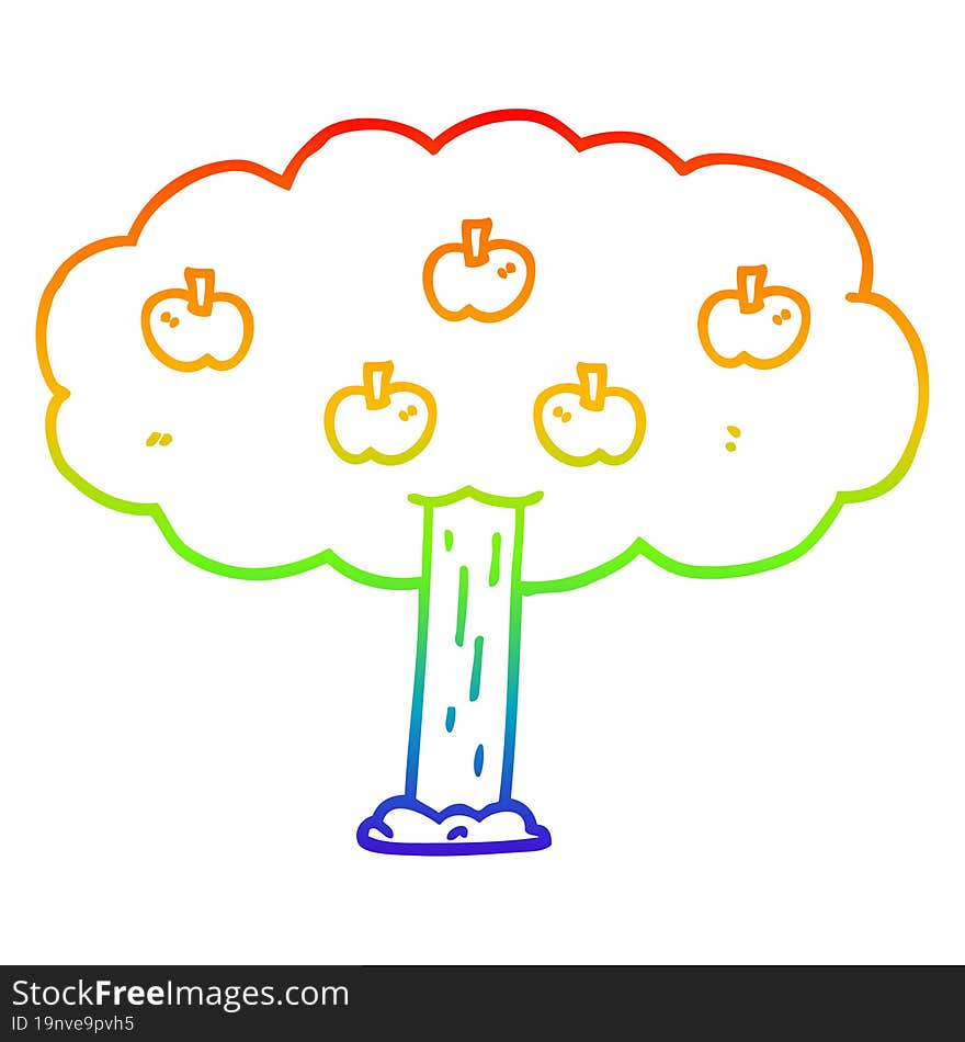 Rainbow Gradient Line Drawing Cartoon Apple Tree