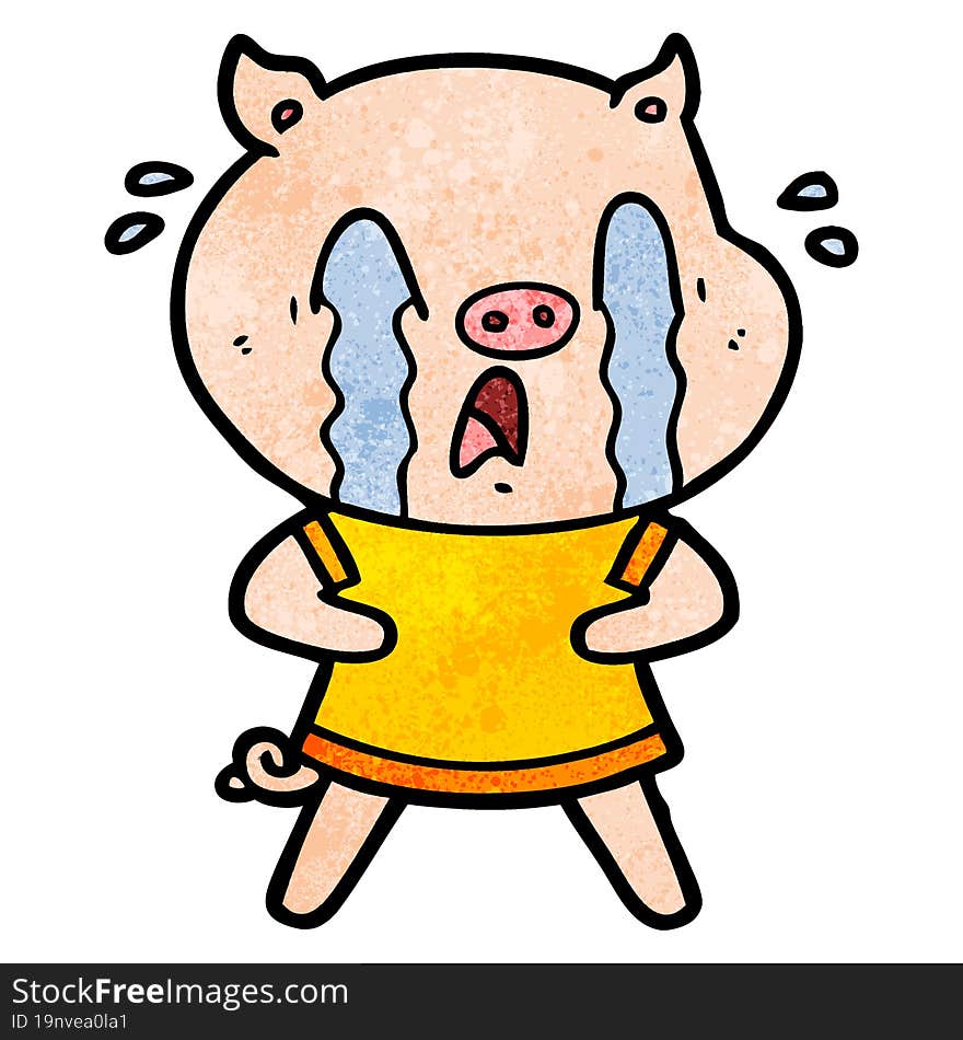 crying pig cartoon wearing human clothes. crying pig cartoon wearing human clothes