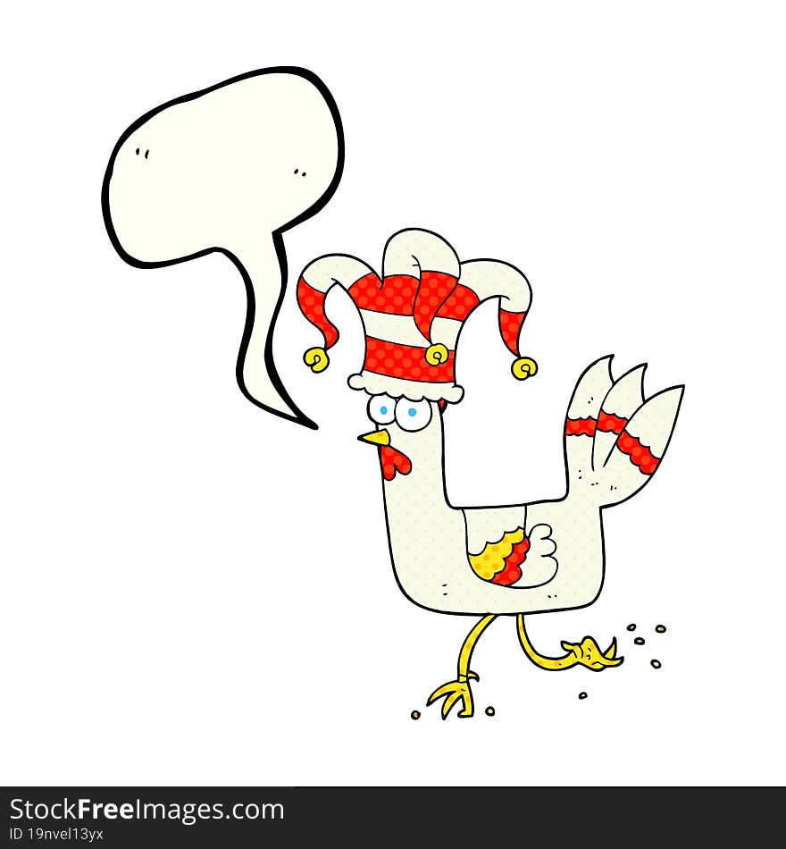 comic book speech bubble cartoon chicken running in funny hat