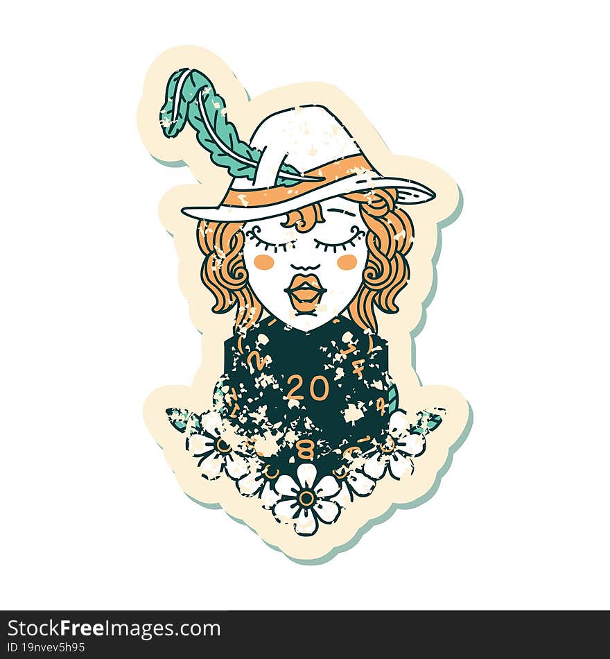 grunge sticker of a human bard with natural 20 dice roll. grunge sticker of a human bard with natural 20 dice roll