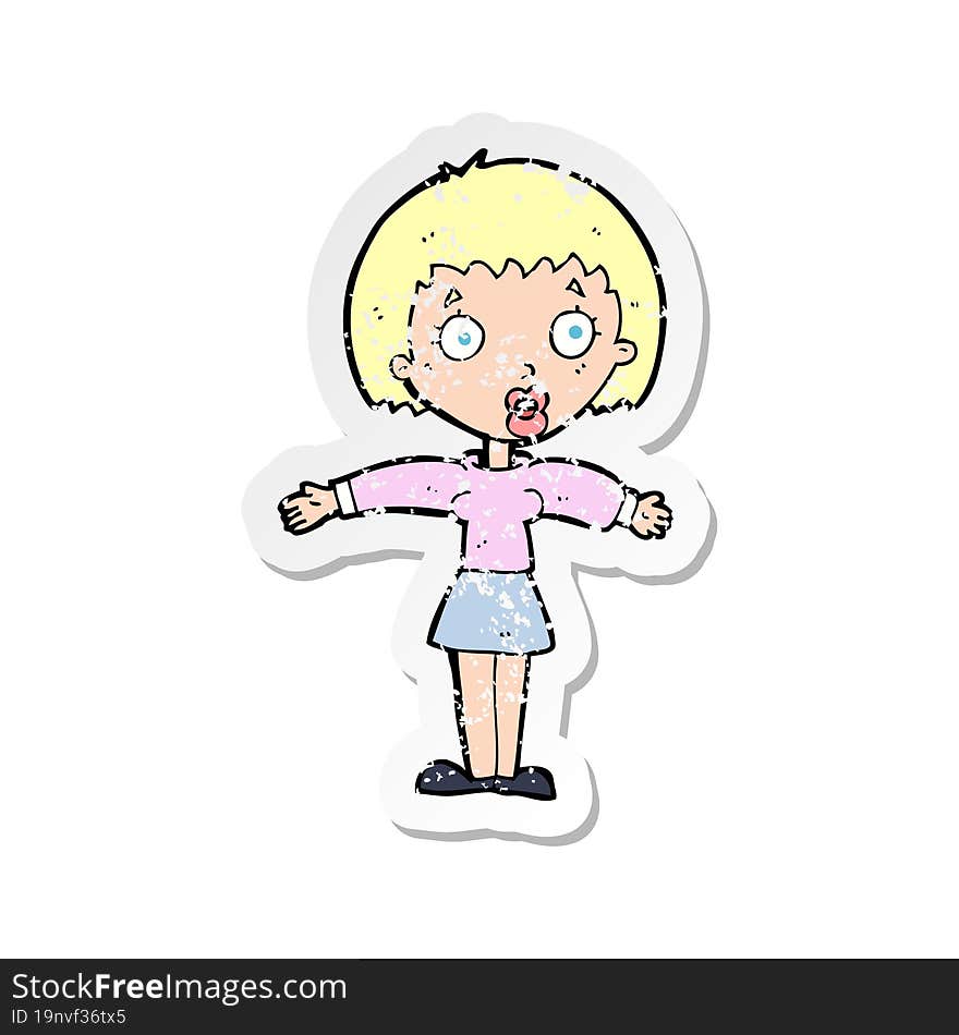 retro distressed sticker of a cartoon shocked woman