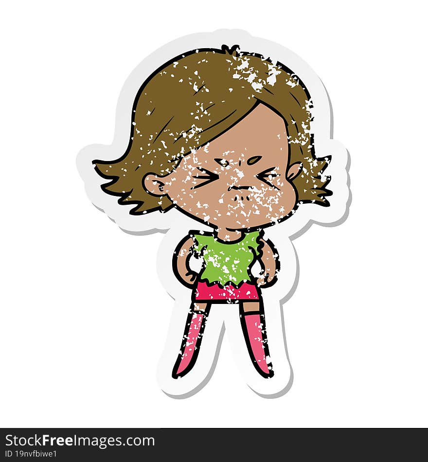 distressed sticker of a cartoon angry woman