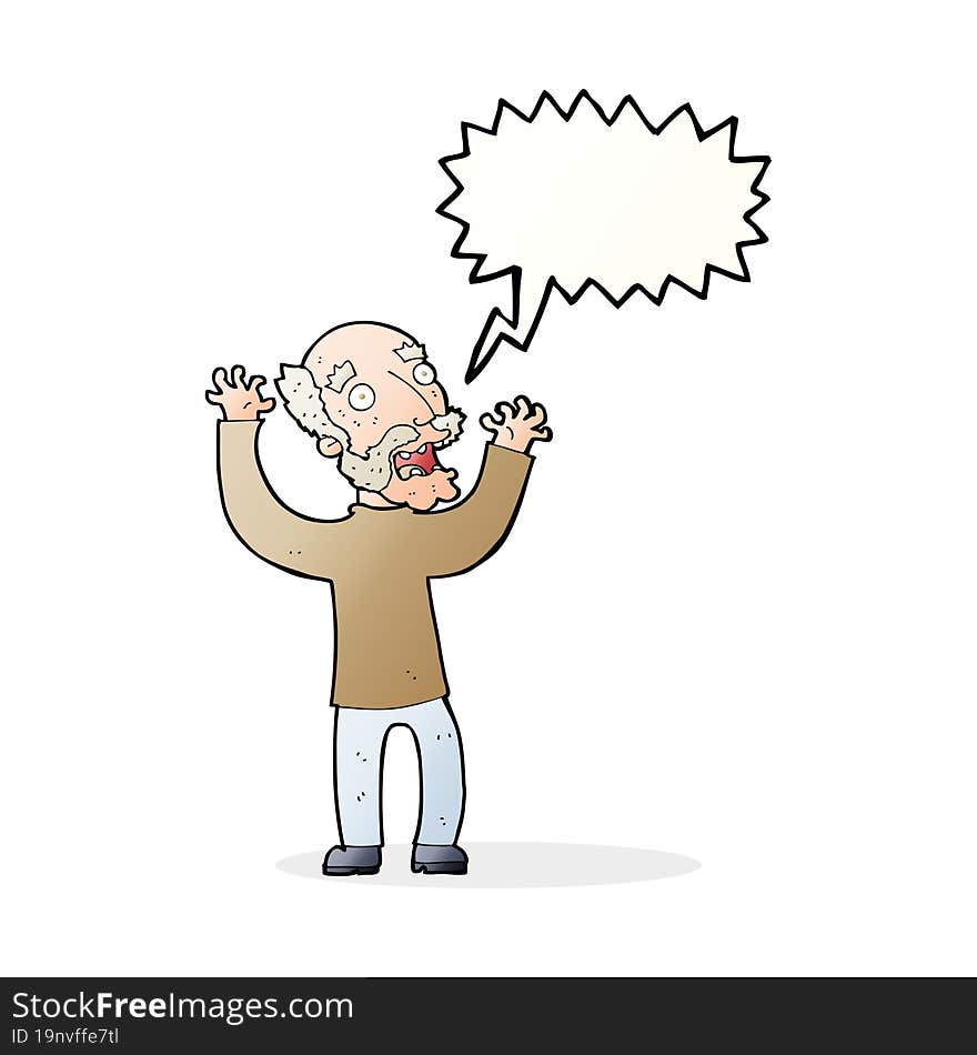 cartoon terrified old man with speech bubble