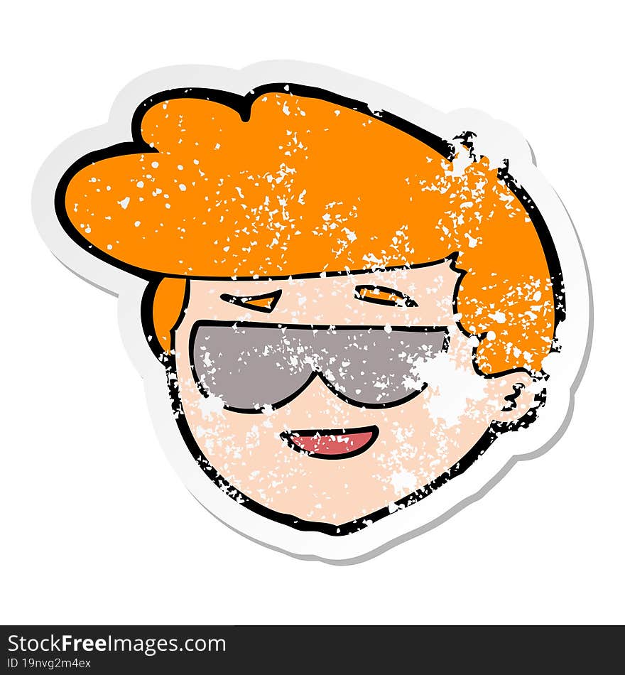 distressed sticker of a cartoon boy wearing sunglasses