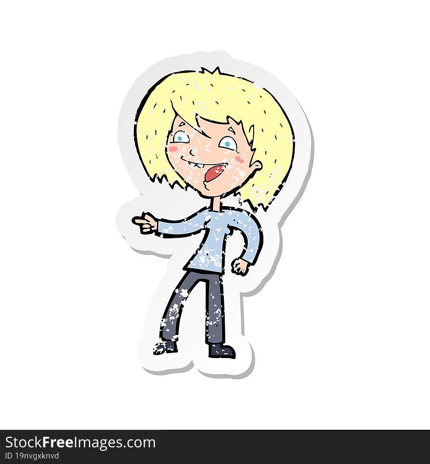 retro distressed sticker of a cartoon woman laughing and pointing