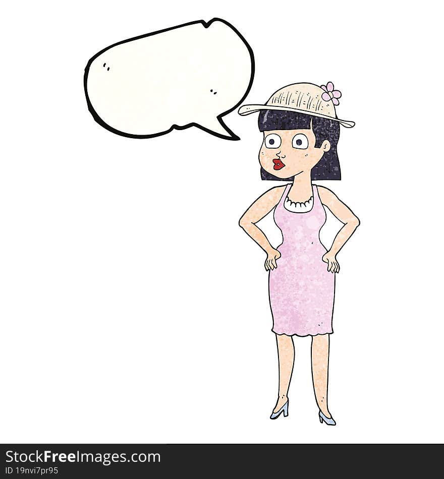 speech bubble textured cartoon woman wearing sun hat