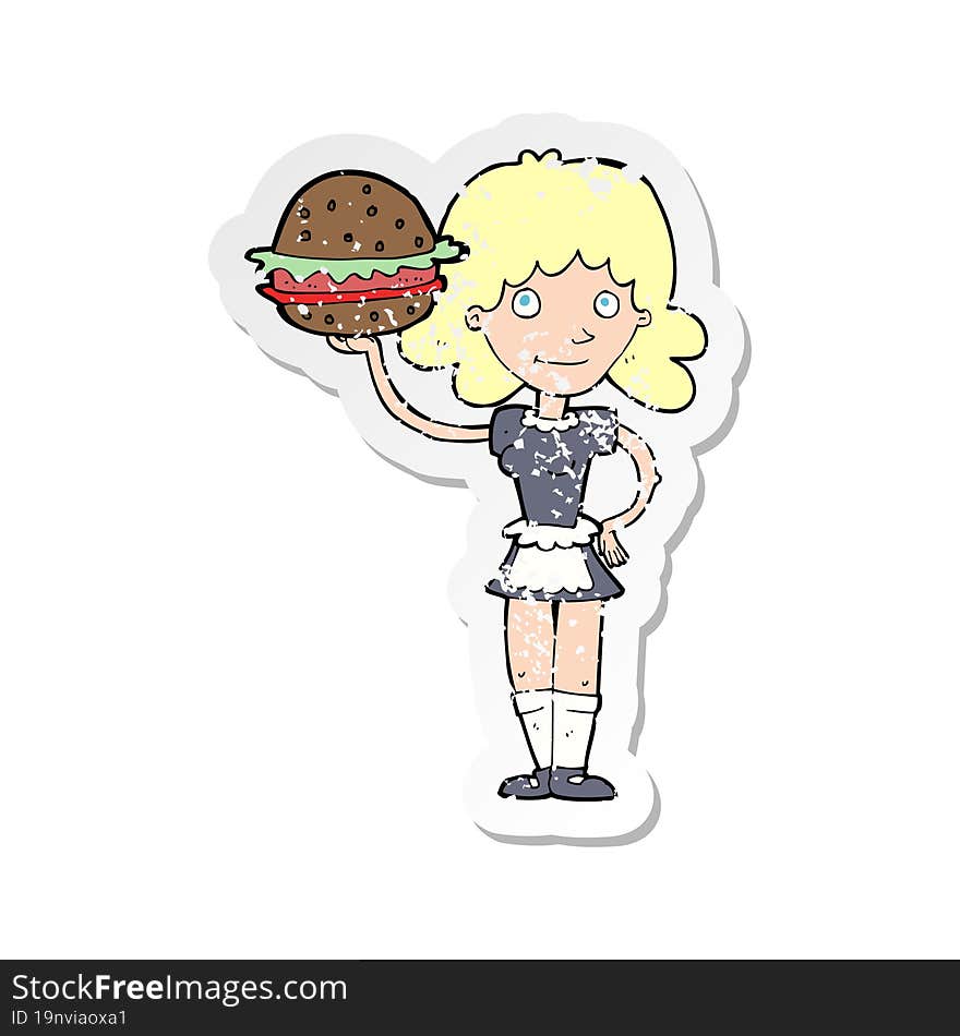 retro distressed sticker of a cartoon waitress with burger