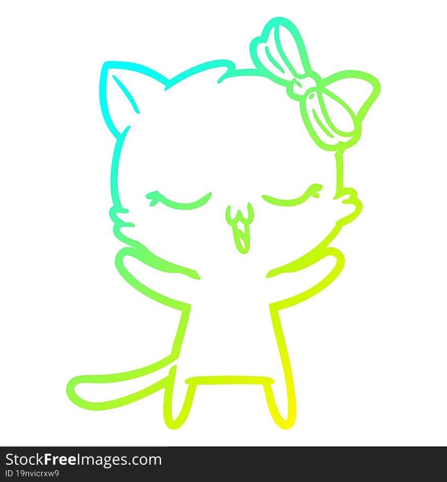 cold gradient line drawing cartoon cat with bow on head