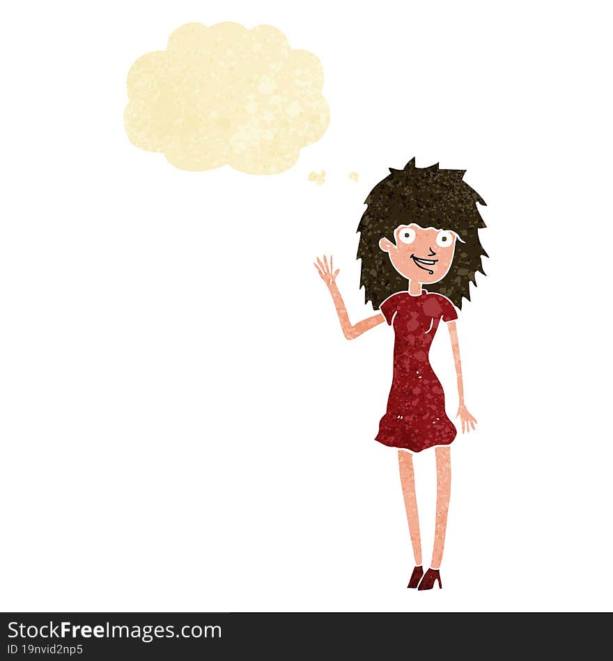 cartoon happy woman waving with thought bubble