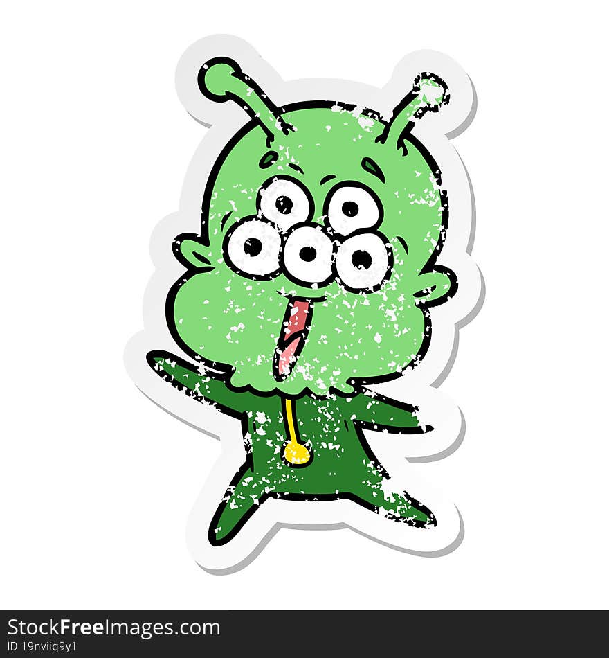 distressed sticker of a happy cartoon alien