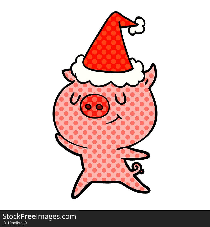 Happy Comic Book Style Illustration Of A Pig Wearing Santa Hat