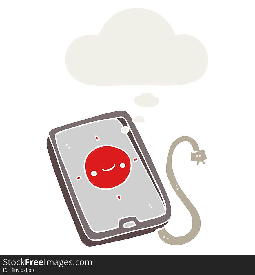 cartoon mobile phone device with thought bubble in retro style