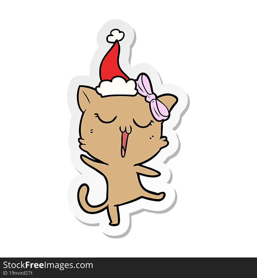 hand drawn sticker cartoon of a cat wearing santa hat