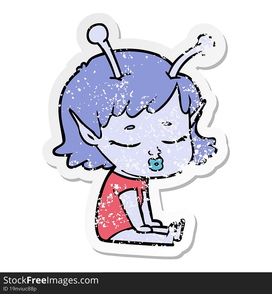 distressed sticker of a cute alien girl cartoon