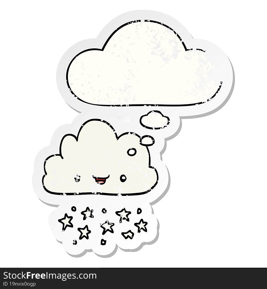 cartoon storm cloud and thought bubble as a distressed worn sticker