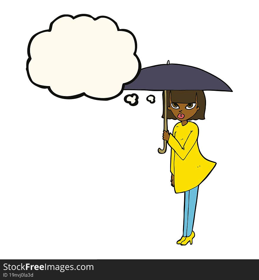 Cartoon Woman With Umbrella With Thought Bubble