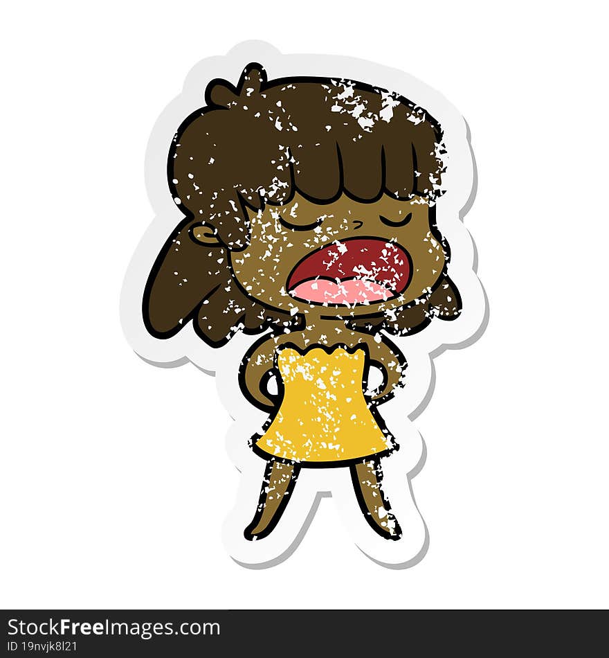 distressed sticker of a cartoon woman talking loudly