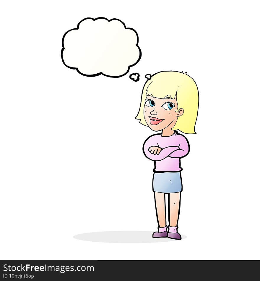 cartoon happy woman looking over with thought bubble