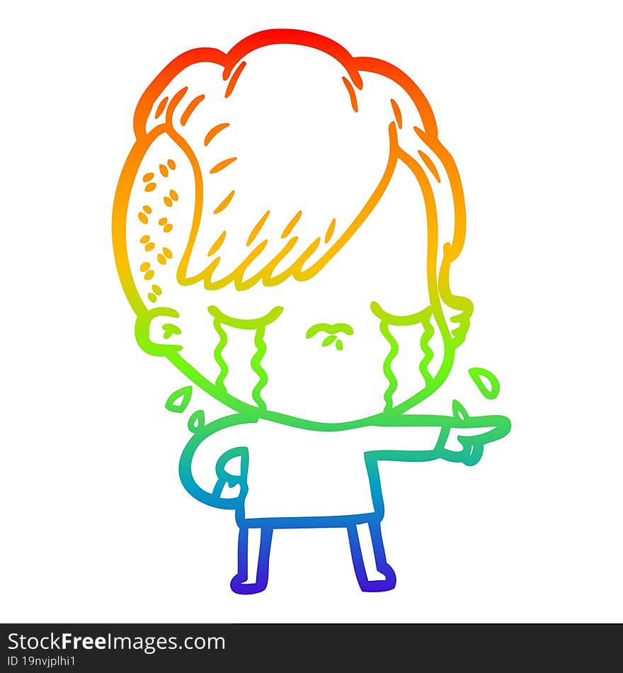 rainbow gradient line drawing cartoon crying girl accusing