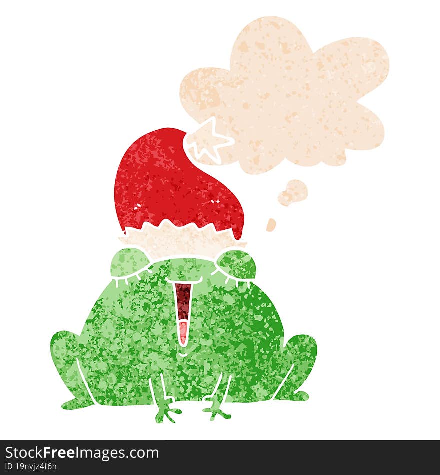 cute cartoon christmas frog and thought bubble in retro textured style