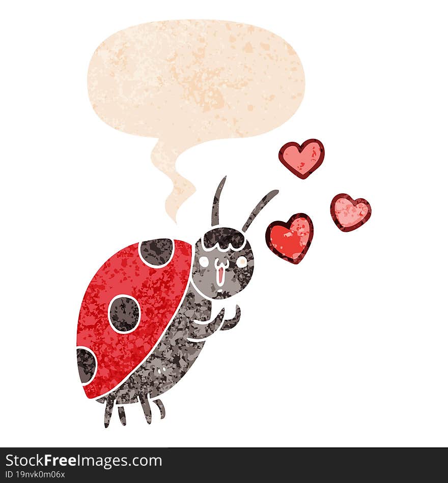 cute cartoon ladybug in love and speech bubble in retro textured style