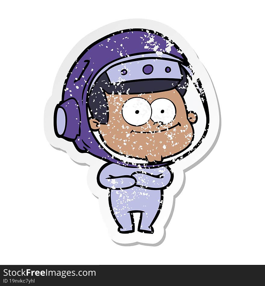 distressed sticker of a happy astronaut cartoon