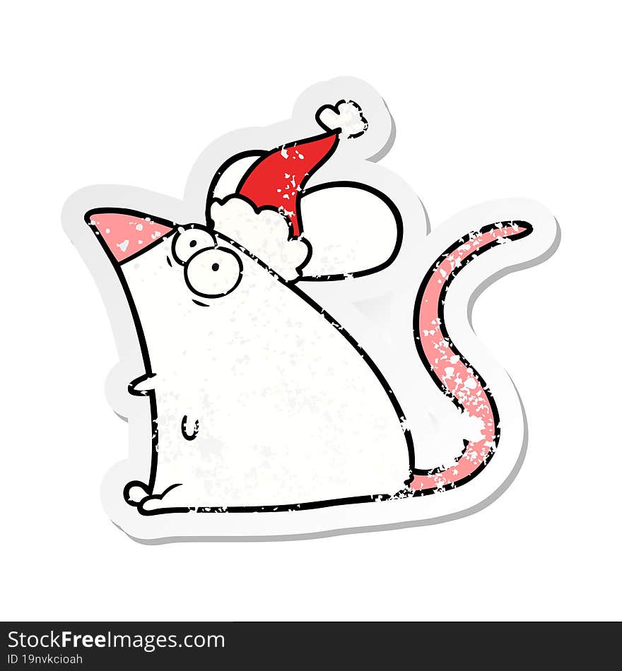 distressed sticker cartoon of a frightened mouse wearing santa hat