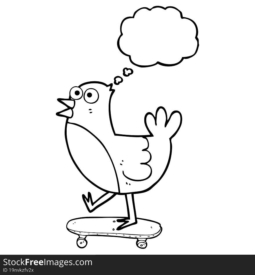 thought bubble cartoon bird on skateboard