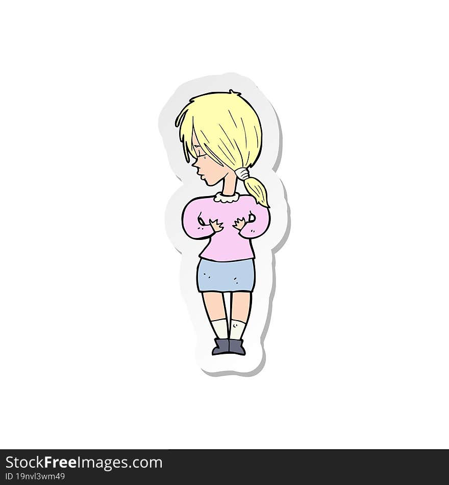 sticker of a cartoon shy woman