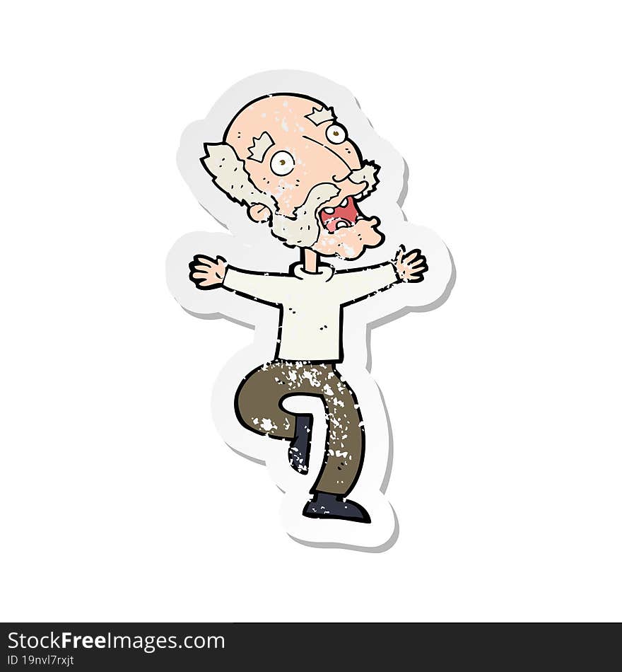 retro distressed sticker of a cartoon old man having a fright