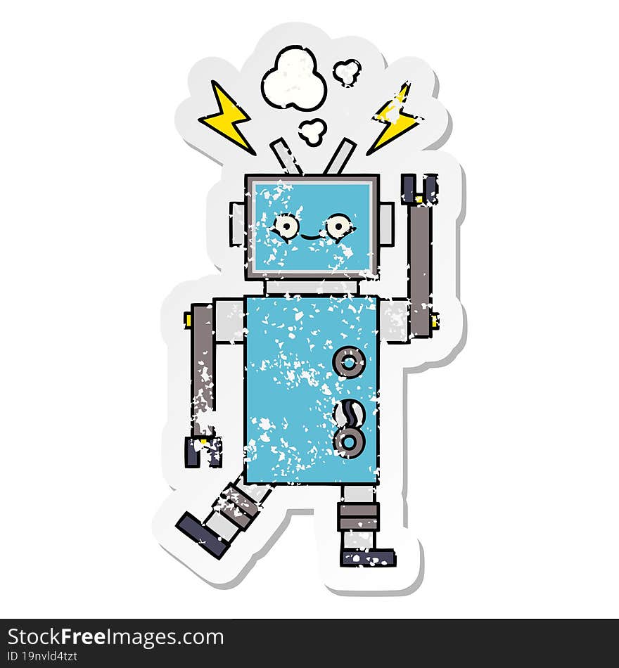 Distressed Sticker Of A Cute Cartoon Dancing Robot