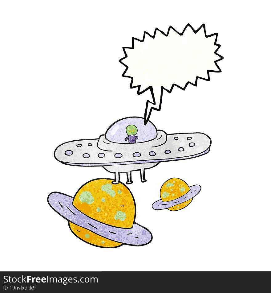 speech bubble textured cartoon flying saucer in space