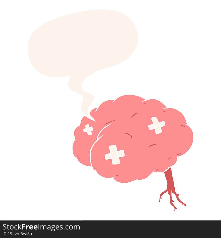 cartoon injured brain and speech bubble in retro style