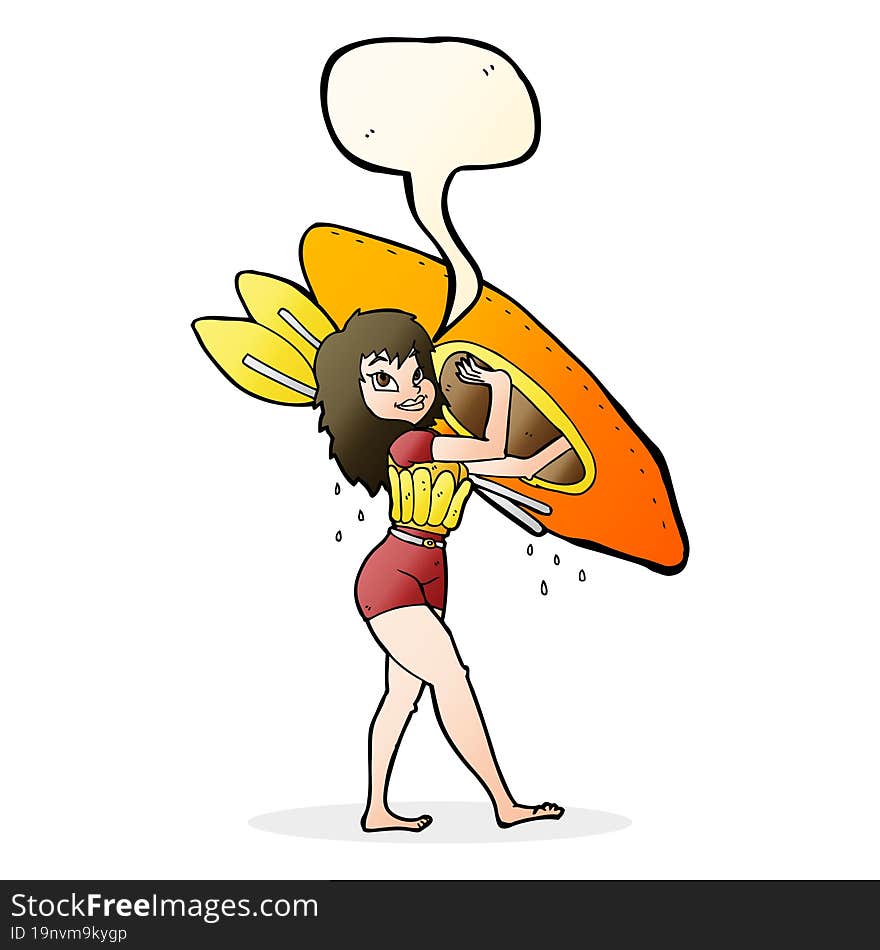 cartoon woman carrying canoe with speech bubble