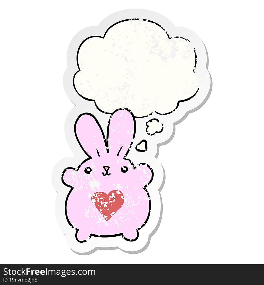 cute cartoon rabbit with love heart with thought bubble as a distressed worn sticker