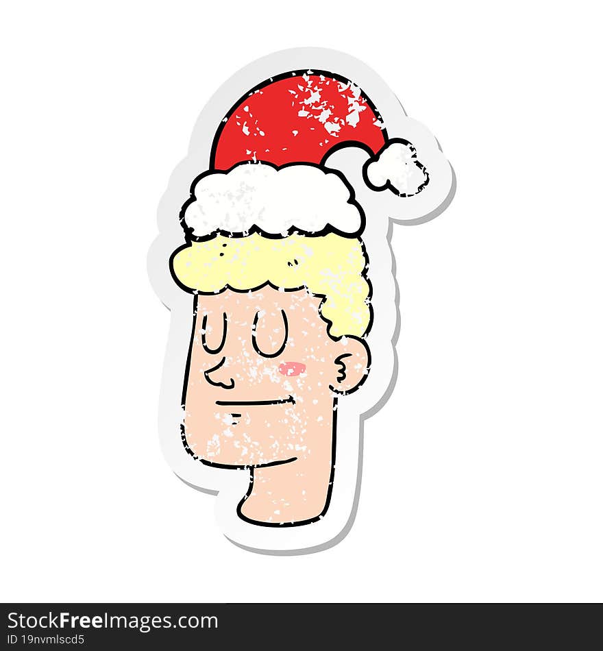 distressed sticker of a cartoon man wearing christmas hat