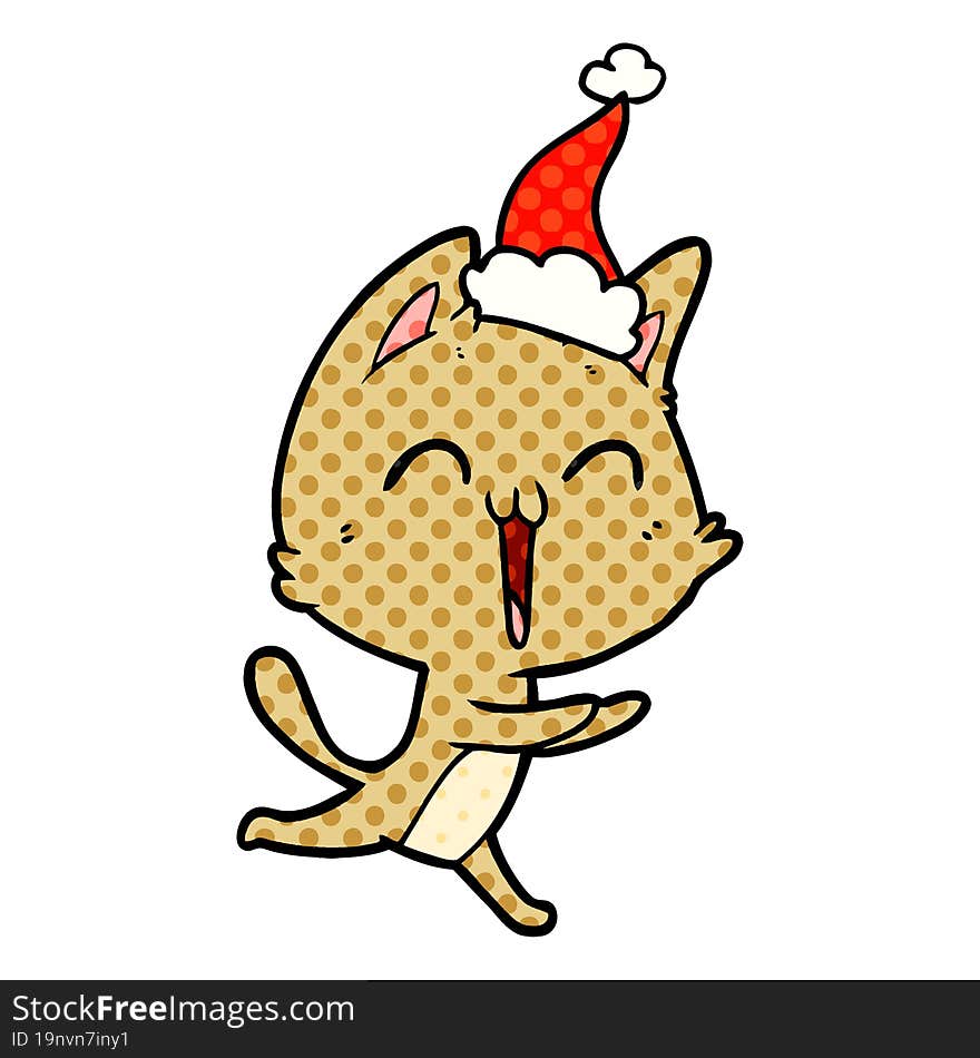 Happy Comic Book Style Illustration Of A Cat Meowing Wearing Santa Hat