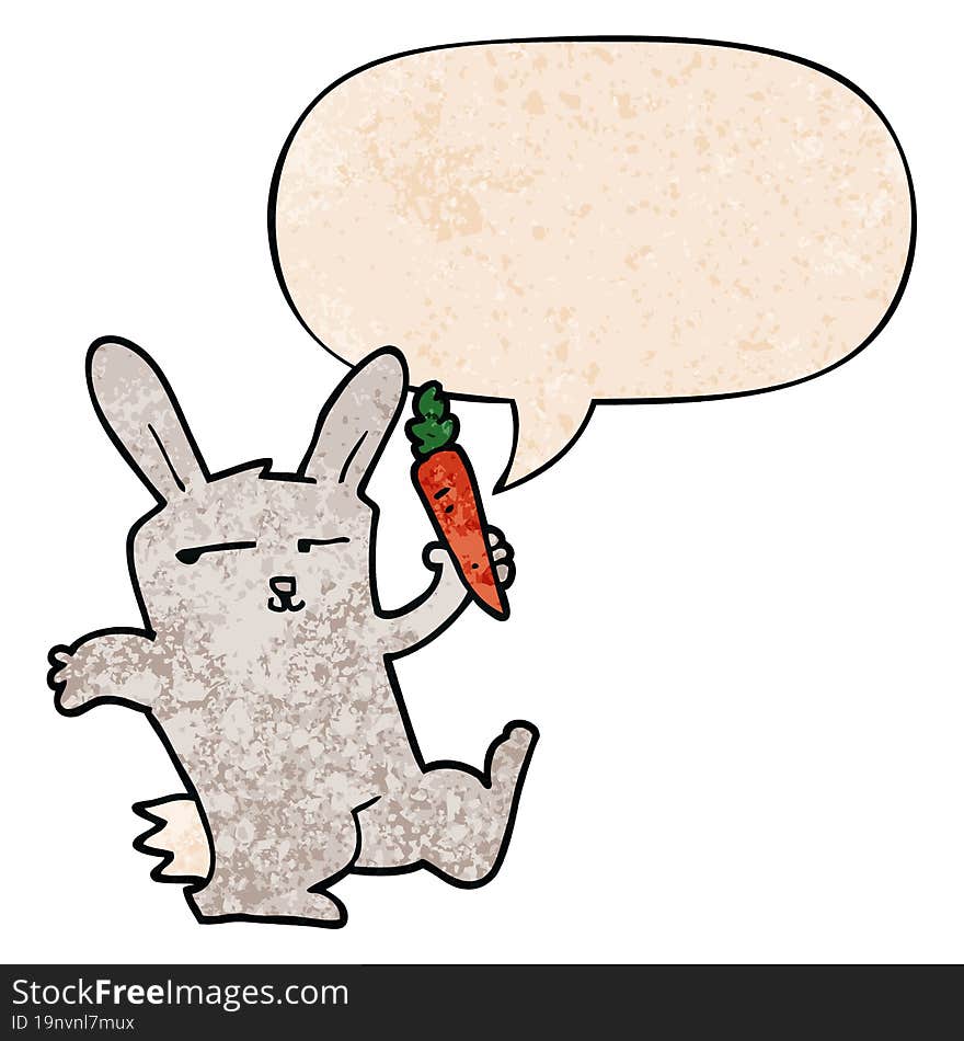 Cartoon Rabbit And Carrot And Speech Bubble In Retro Texture Style