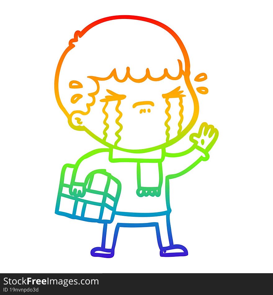 rainbow gradient line drawing of a cartoon man crying