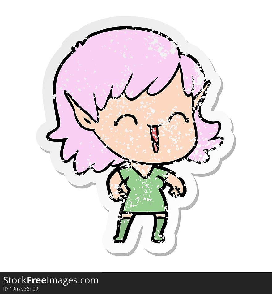 Distressed Sticker Of A Cartoon Elf Girl