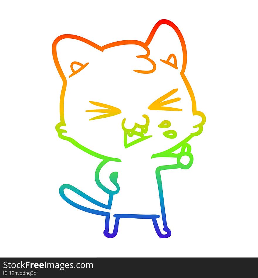 Rainbow Gradient Line Drawing Cartoon Cat Hissing