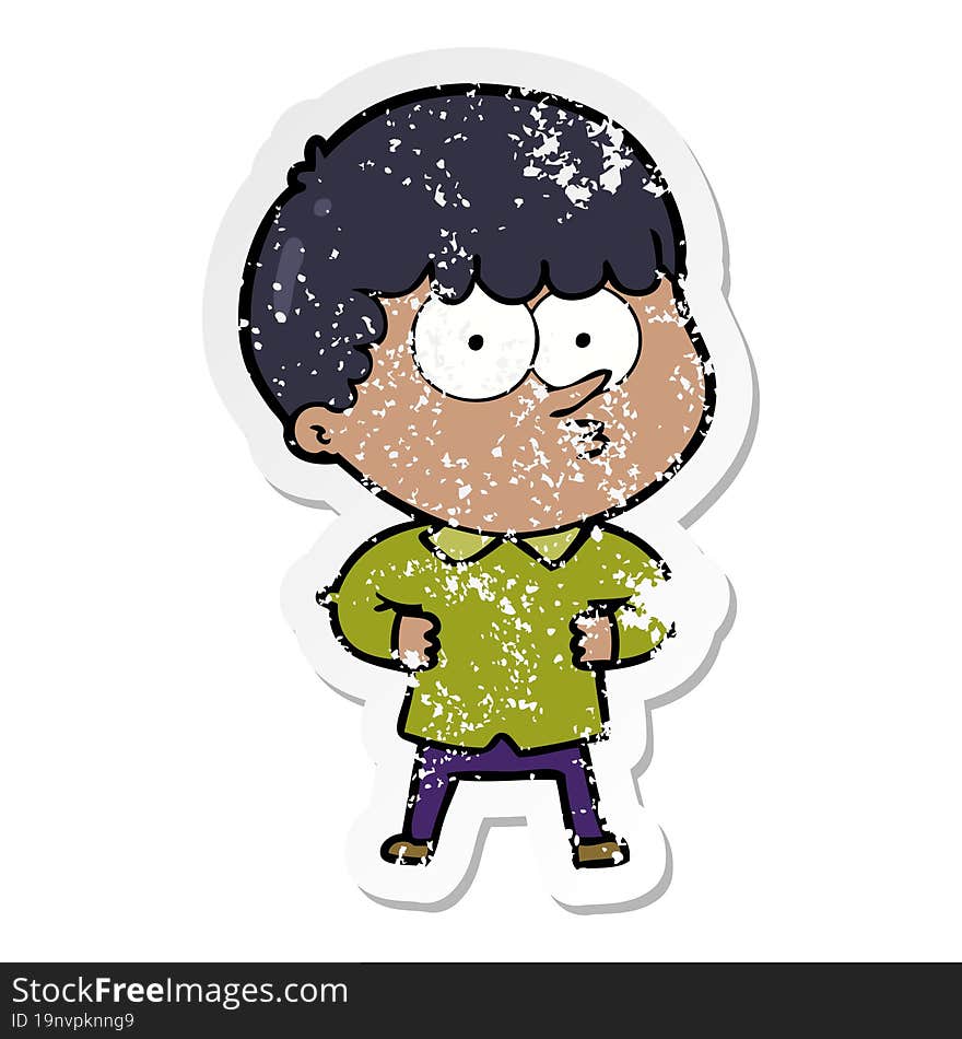 distressed sticker of a cartoon curious boy