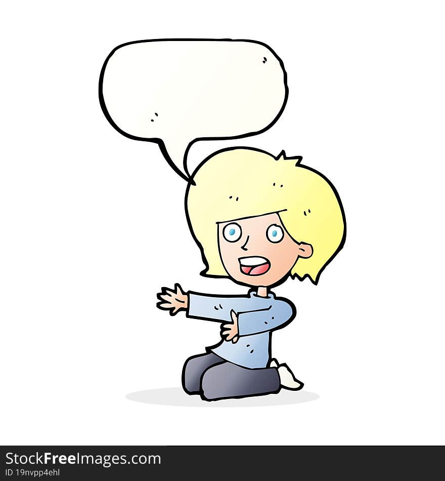 cartoon shocked woman on knees with speech bubble