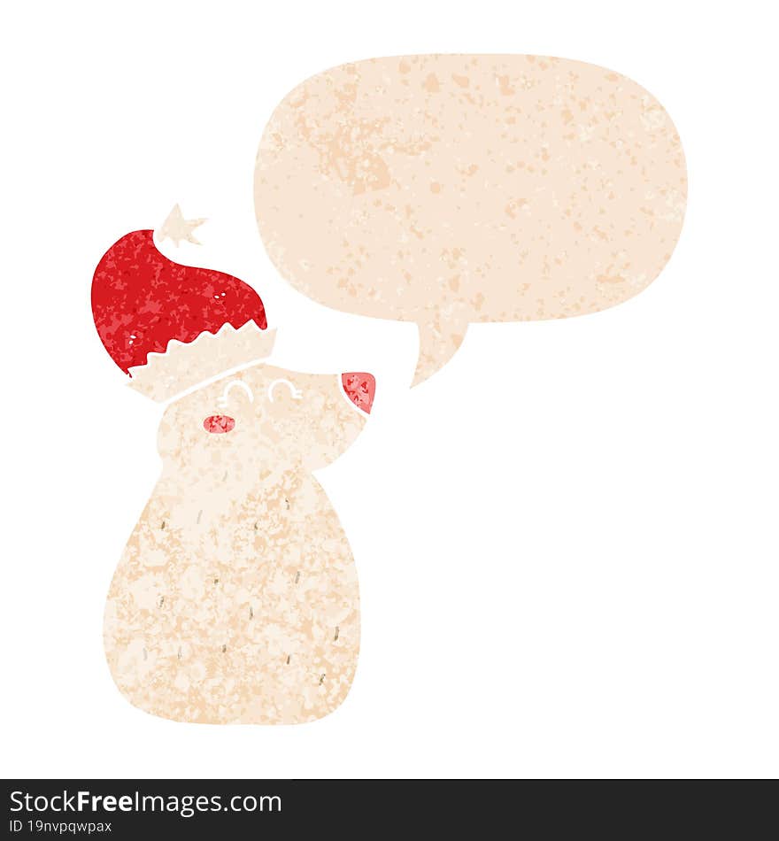 cartoon bear wearing christmas hat with speech bubble in grunge distressed retro textured style. cartoon bear wearing christmas hat with speech bubble in grunge distressed retro textured style