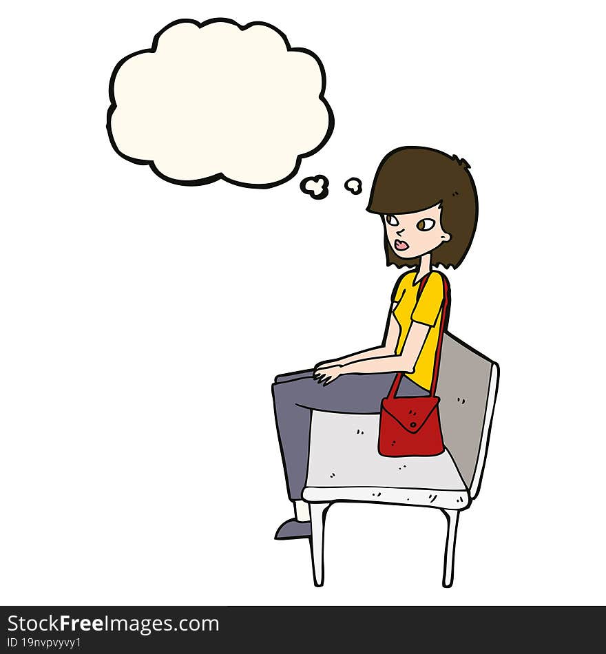 cartoon woman sitting on bench with thought bubble